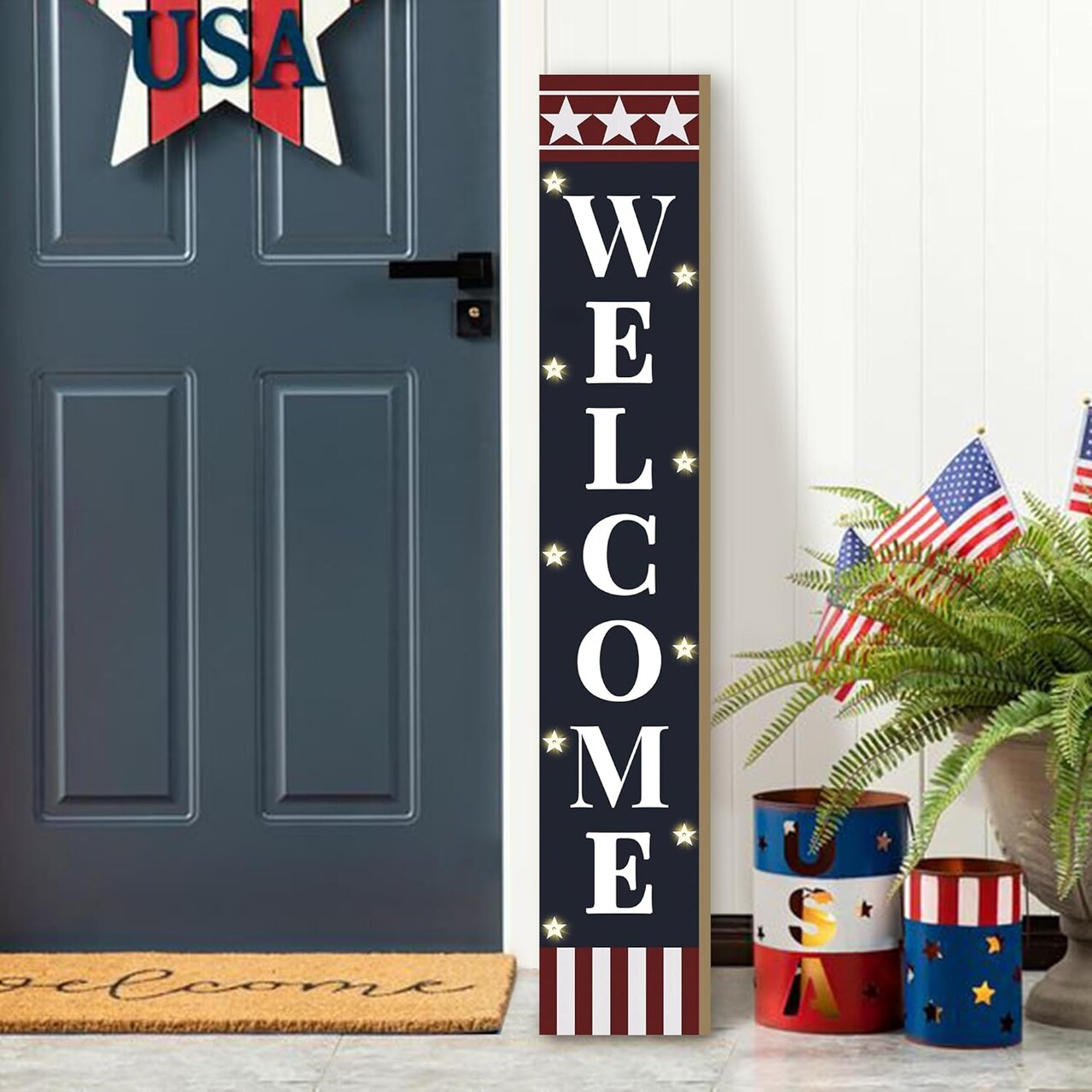 47-Inch Lighted Independence Day Porch Sign – Standing Wooden Welcome Sign for 4th of July – USA 250th Anniversary Patriotic Front Door Decor – Battery Operated LED Farmhouse Sign for Memorial Day & Outside Home